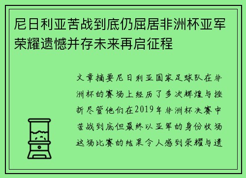 尼日利亚苦战到底仍屈居非洲杯亚军荣耀遗憾并存未来再启征程